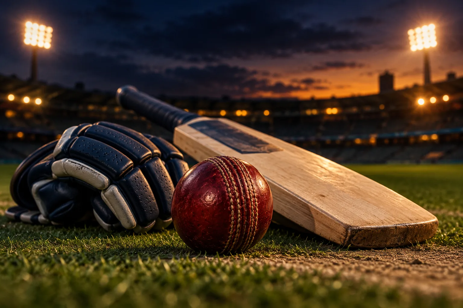 Cricket ball, bat and gloves at a floodlit ground