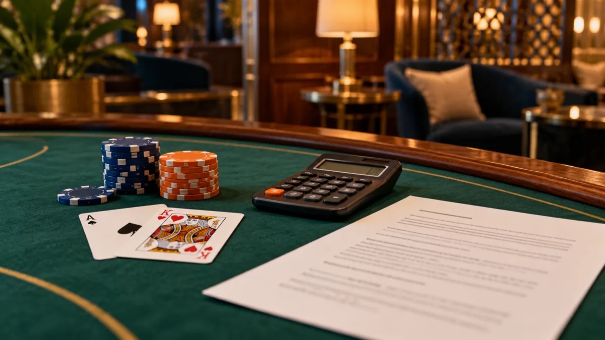 Mostbet India bonus terms guide illustration with casino chips, playing cards, a calculator and a terms sheet on green felt.