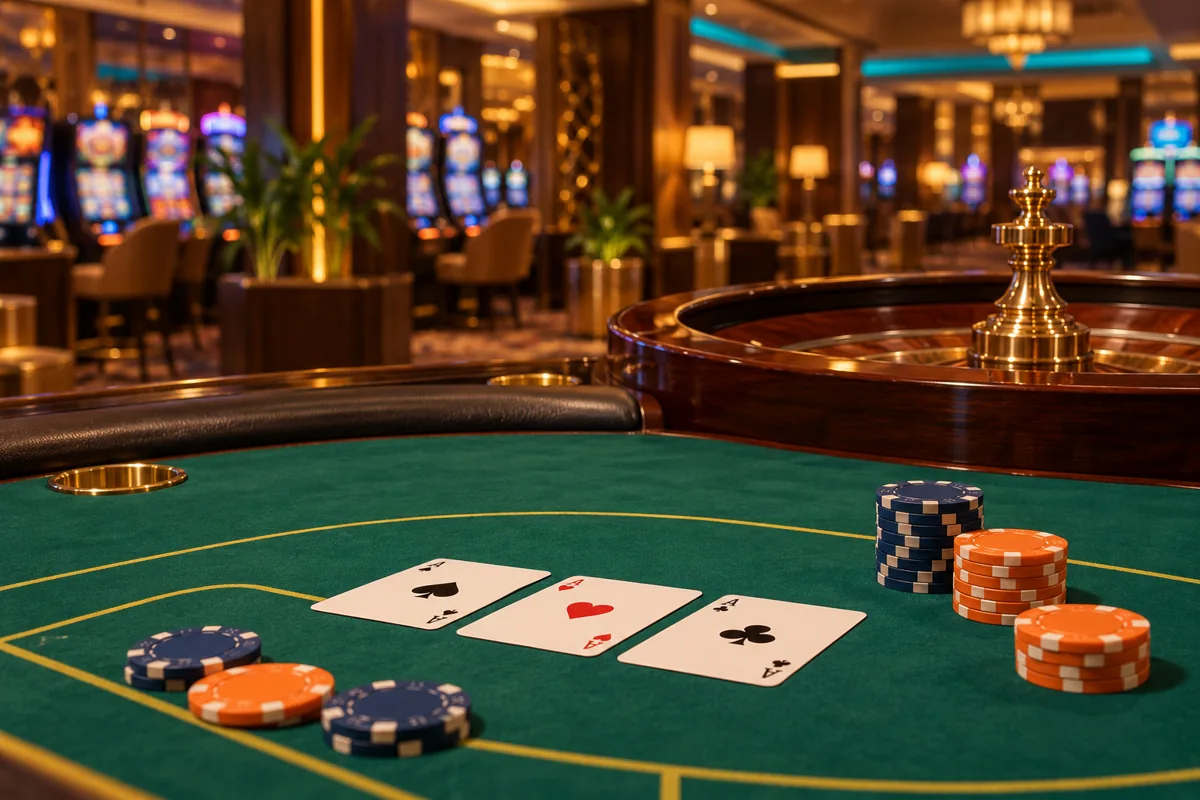 Mostbet India casino guide illustration with playing cards and casino chips on green felt, with a roulette bowl and slot cabinets in the background.