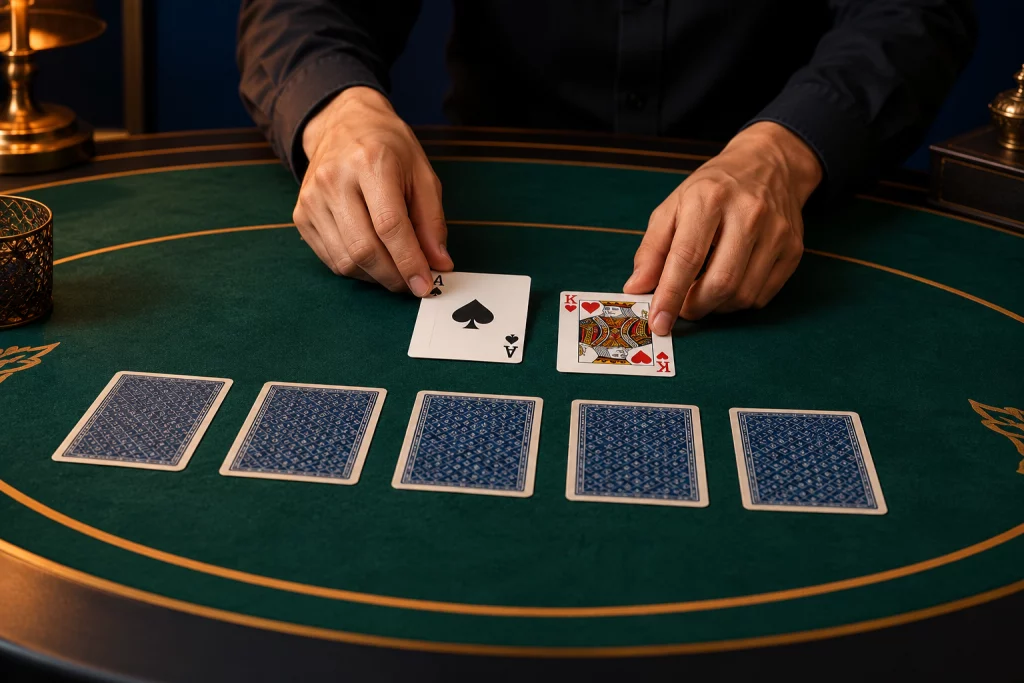 Editorial card-table illustration for the Mostbet rules guide