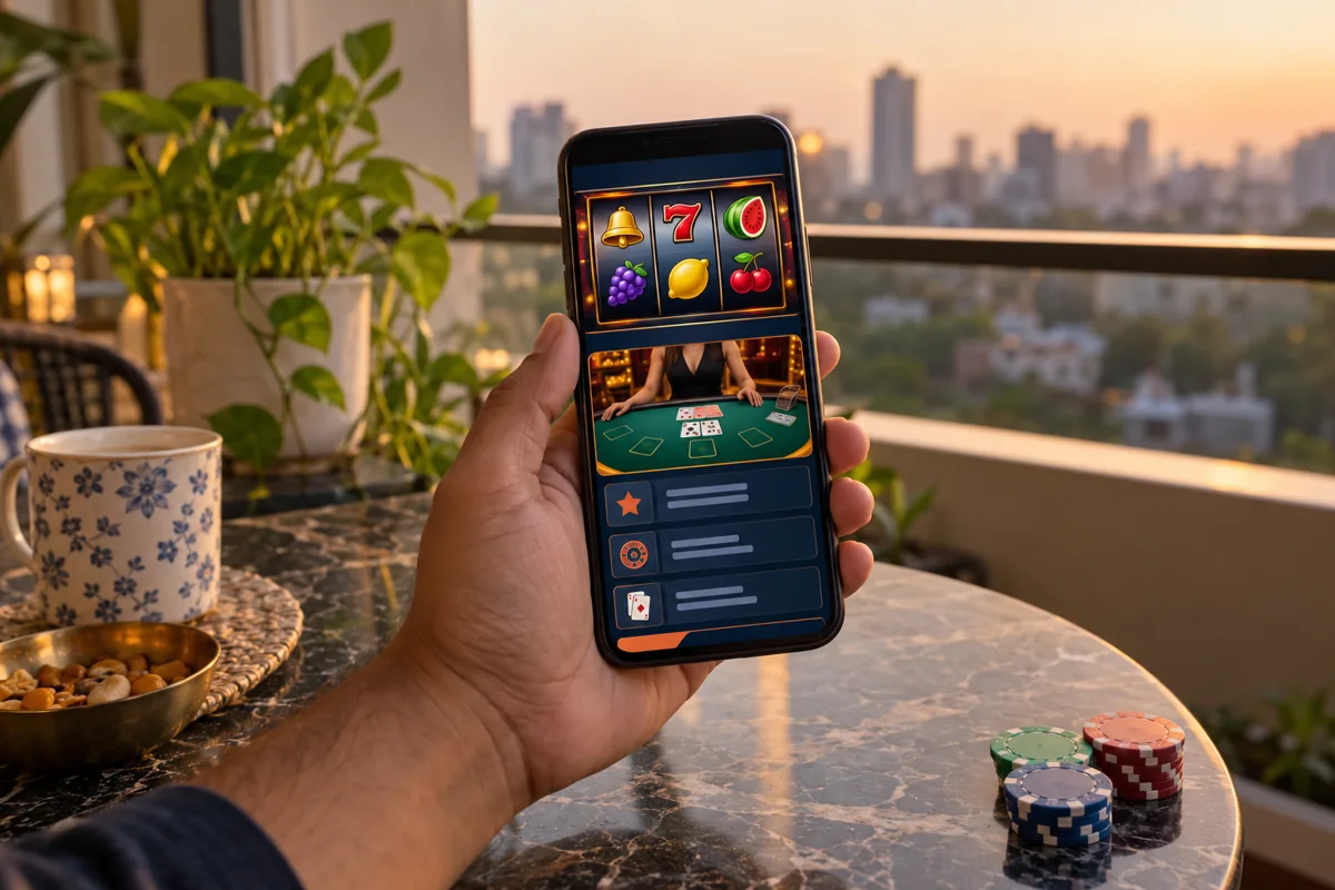 Mostbet India mobile casino guide illustration: an adult holds a phone showing a fictional slot and live-table information screen on an Indian balcony.