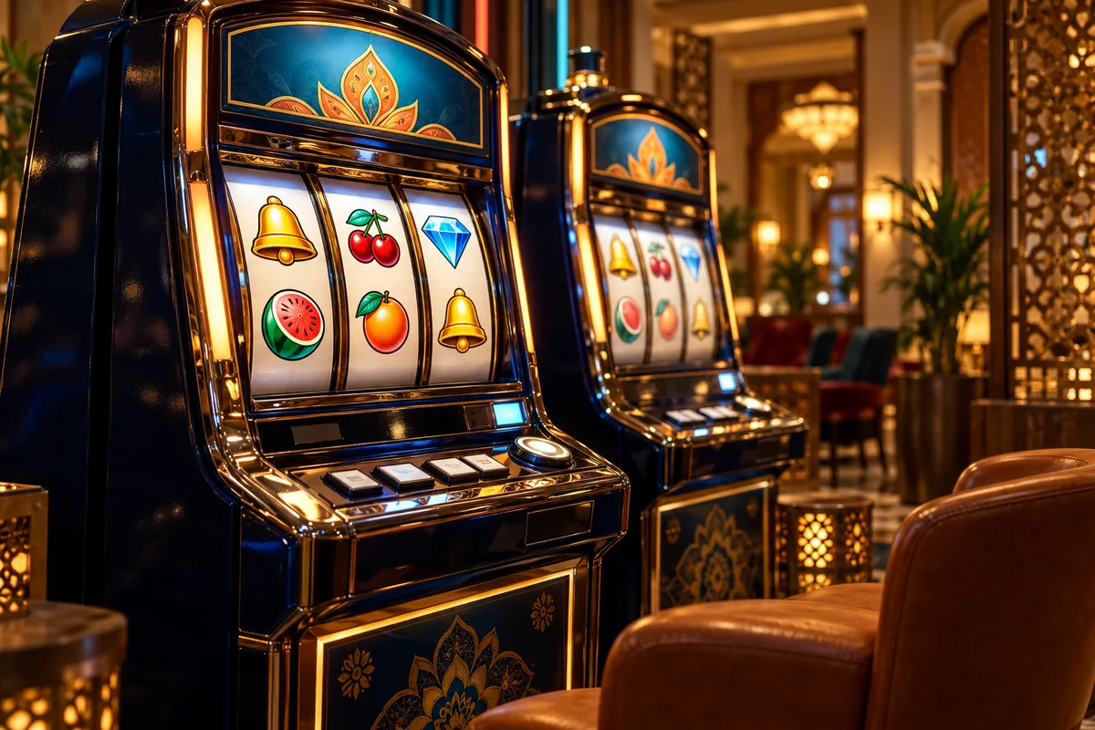 Mostbet India slots guide illustration: two unbranded slot cabinets with fruit, bell and diamond symbols.